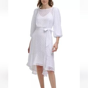 Calvin Klein white high/low hem puff sleeve tie belt waist in size 8